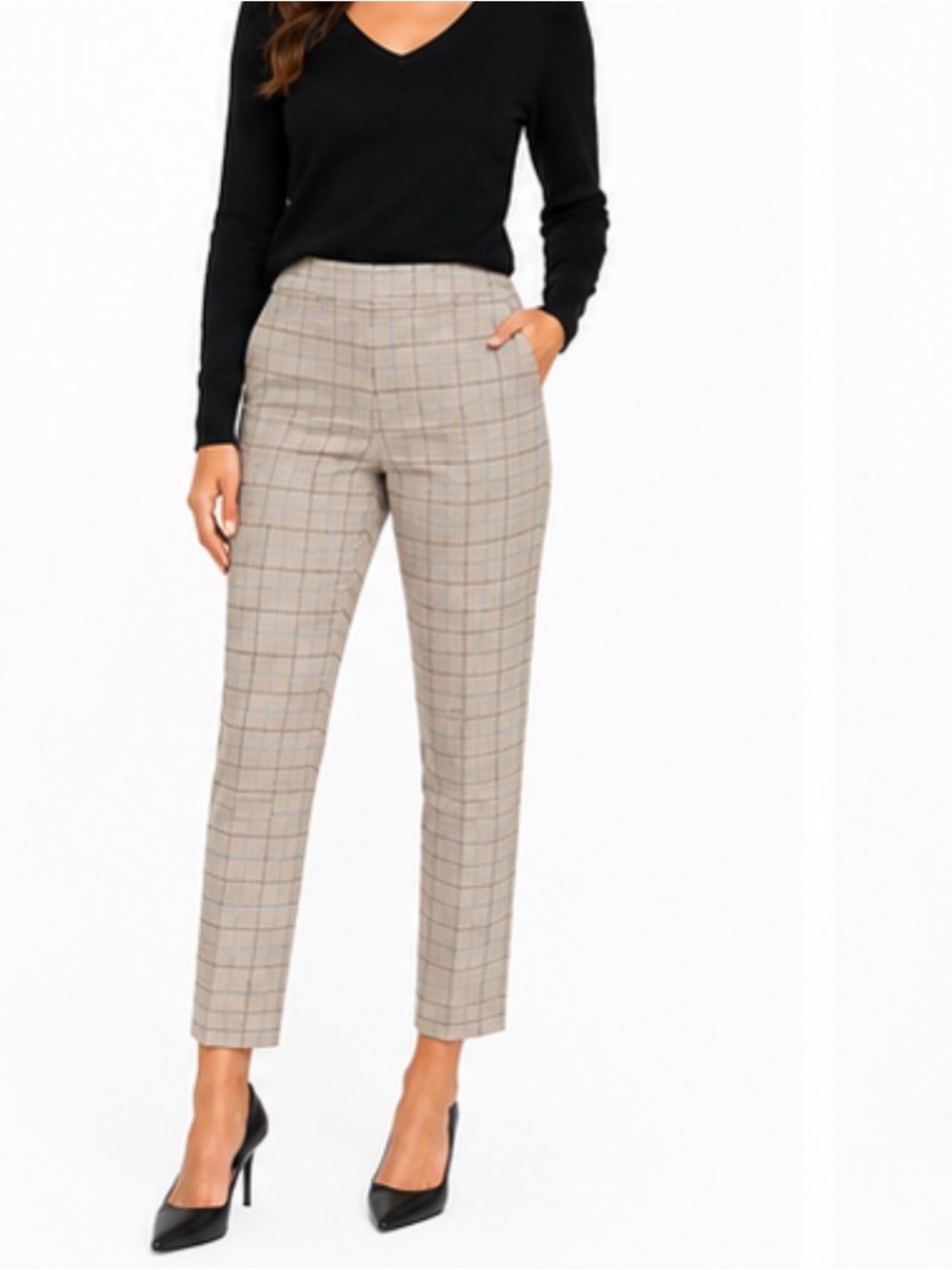 Classic Plaid Straight-Leg Ankle Pants - Beige w/subtle Dark Gray/Light Blue